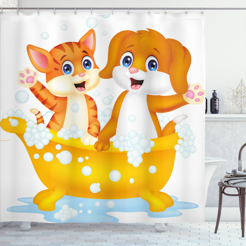 Cartoon Cat and Dog Bath Shower Curtain