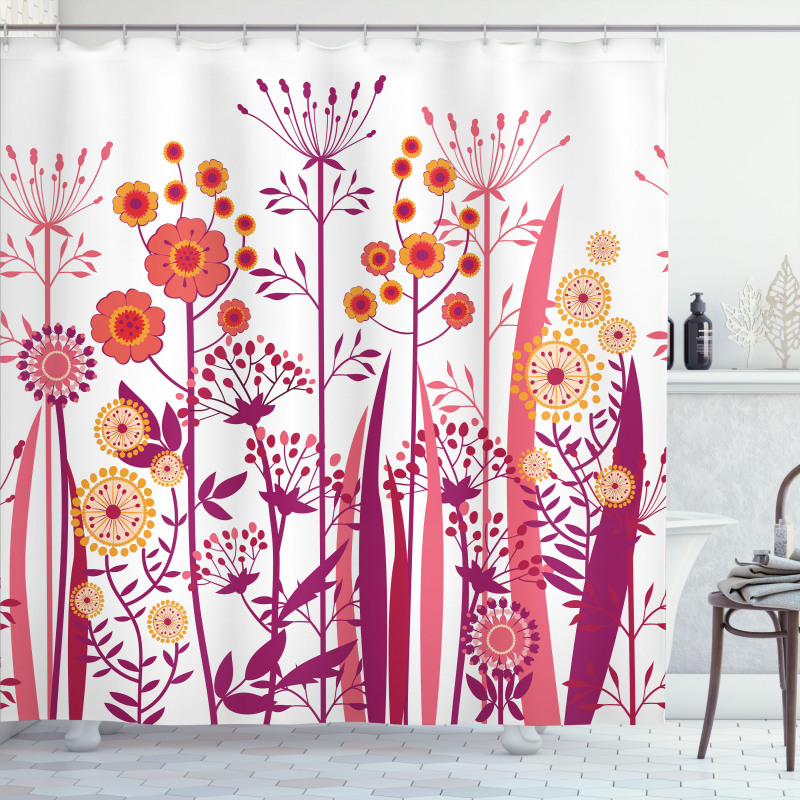 Pink Florals Leaves Buds Shower Curtain