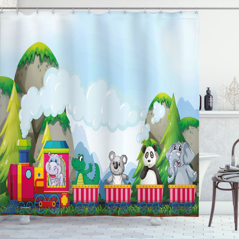 Cartoon Animals on Train Shower Curtain