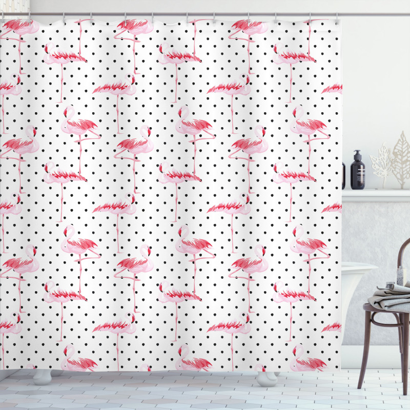 Flamingo Birds Polka Dots Shower Curtain