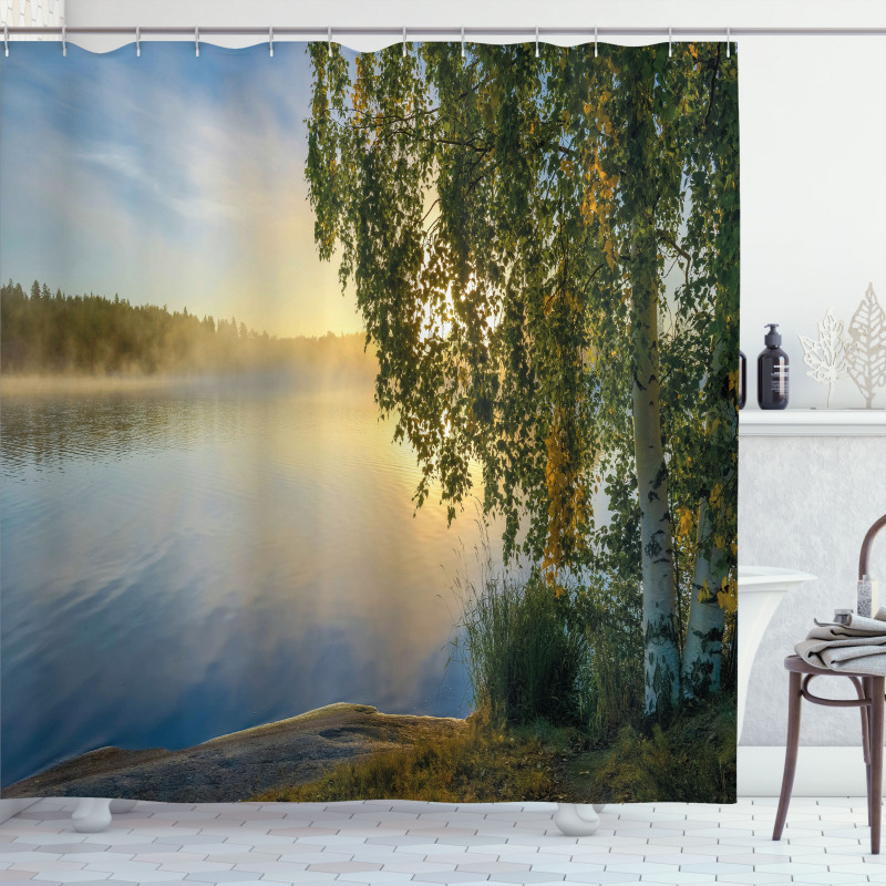 Sunny Misty Lake Summer Shower Curtain