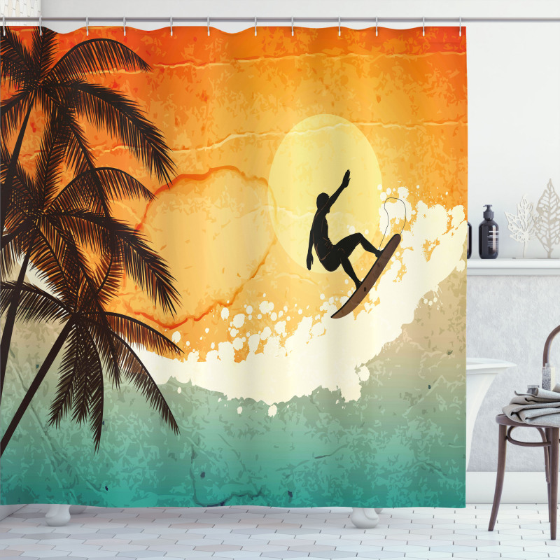 Surfer Sea Palms Sunset Shower Curtain