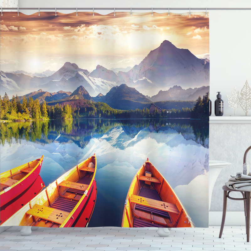 Mountains Shore Boats Shower Curtain