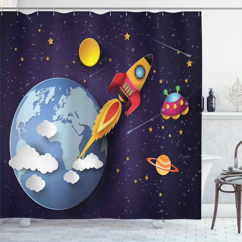 Rocket Earth Stars UFO Shower Curtain