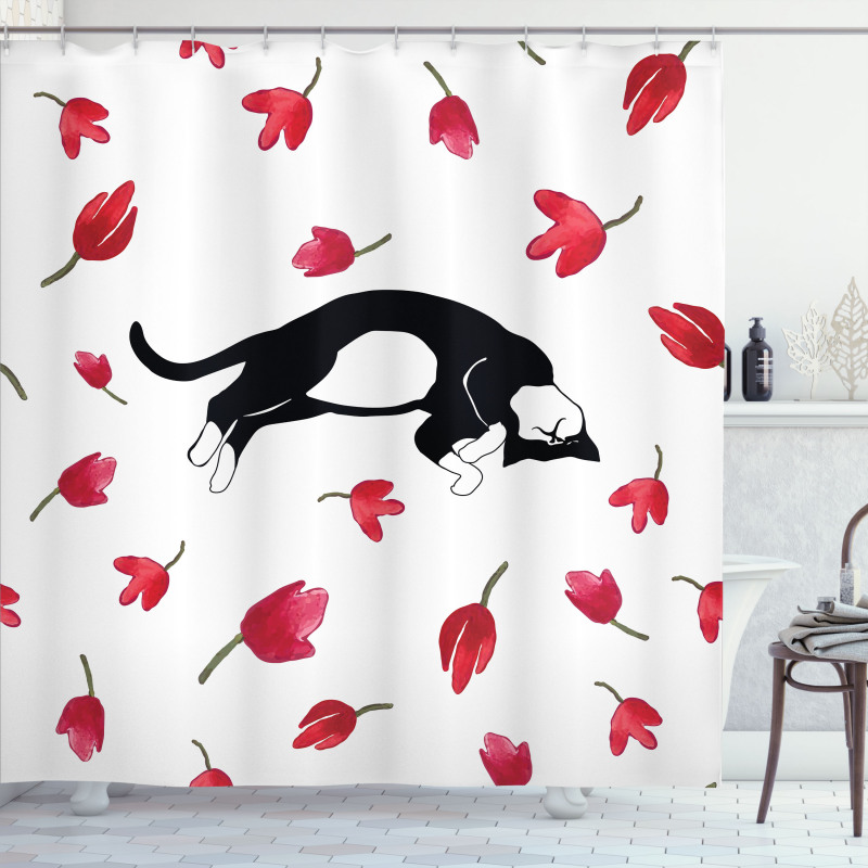 Cat Sleeping Tulips Shower Curtain