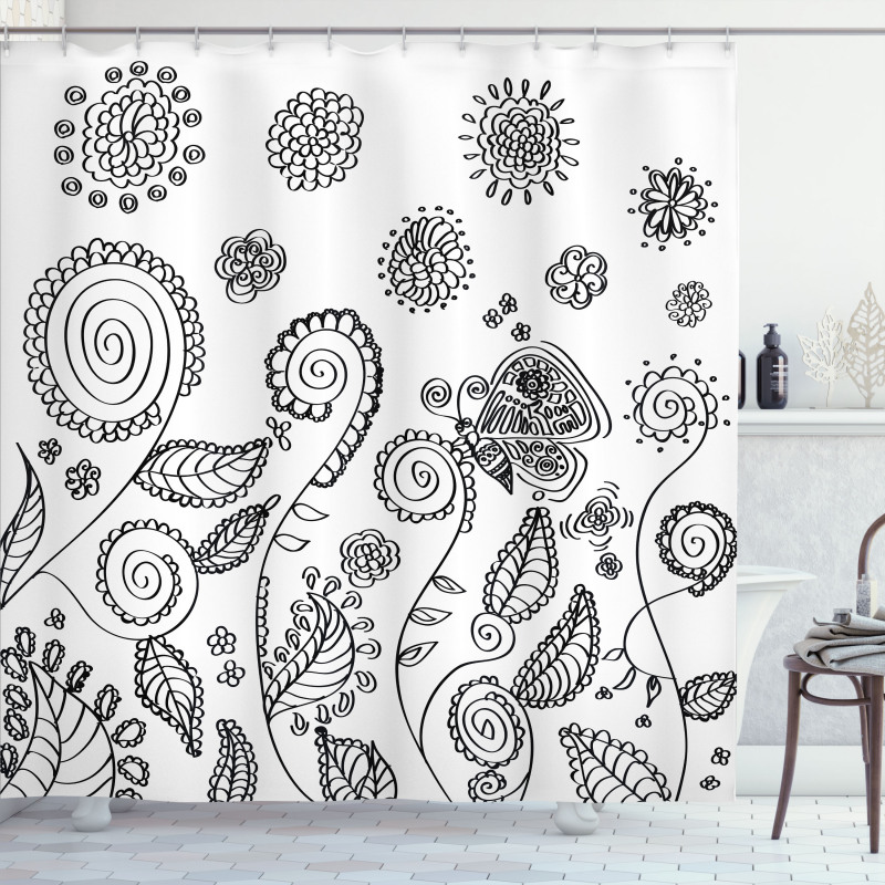 Doodle Swirled Flowers Shower Curtain