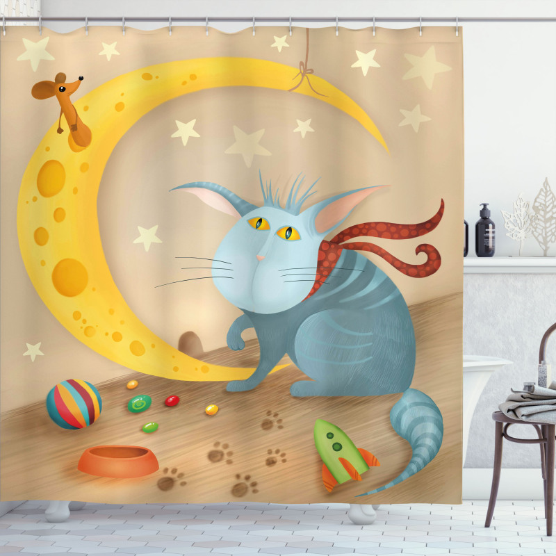 Cat Mouse Crescent Moon Shower Curtain