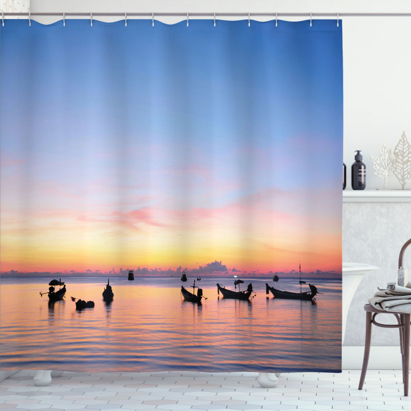 Sunset on Sea Ships Shower Curtain