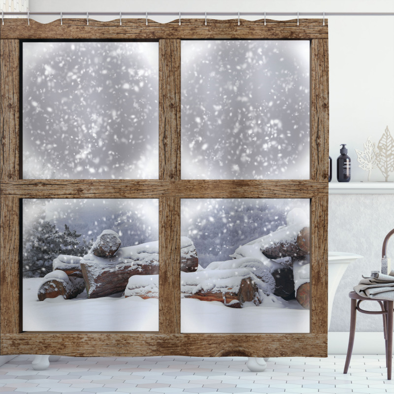 Rustic Snowy Woodsy Frame Shower Curtain
