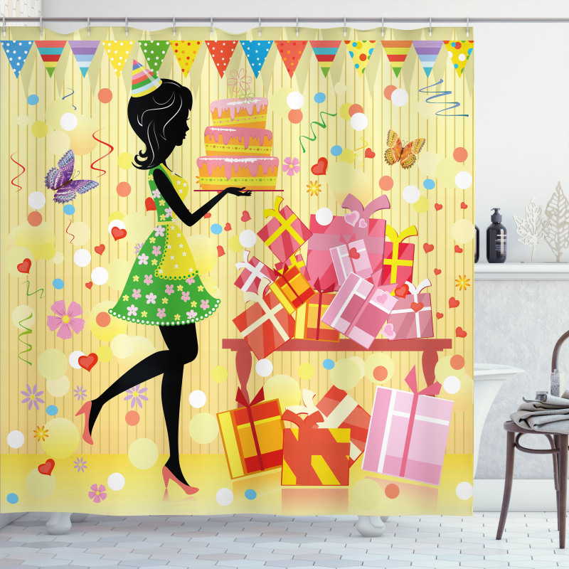 Woman with Birthday Cake Shower Curtain