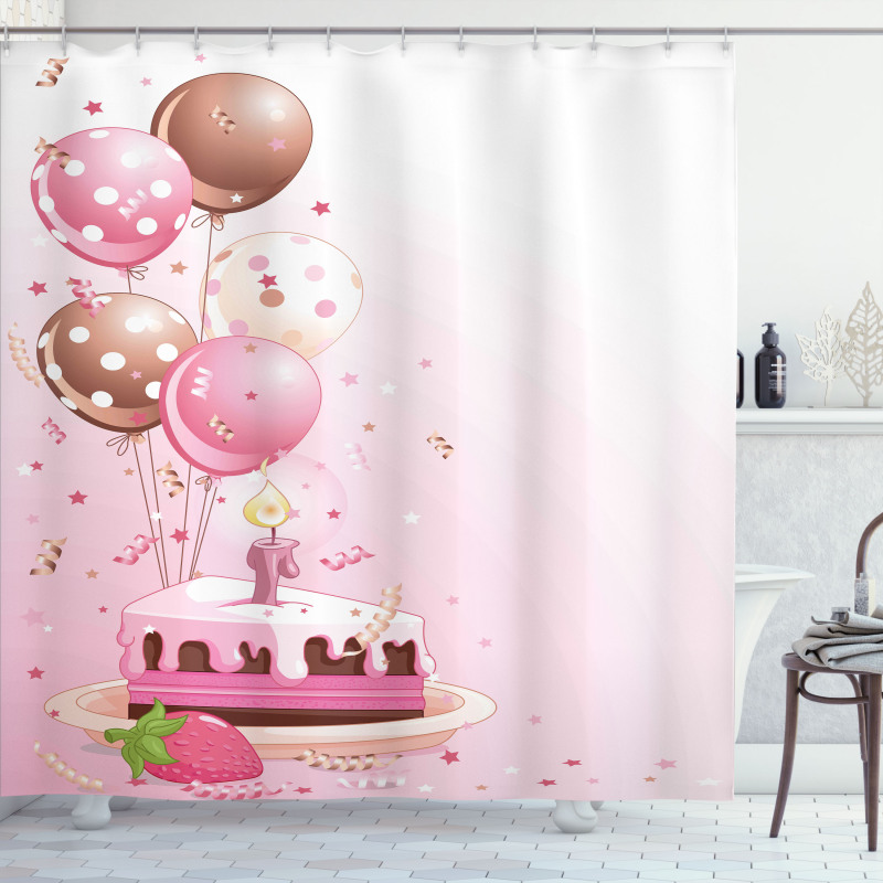 Strawberry Cake Balloons Shower Curtain