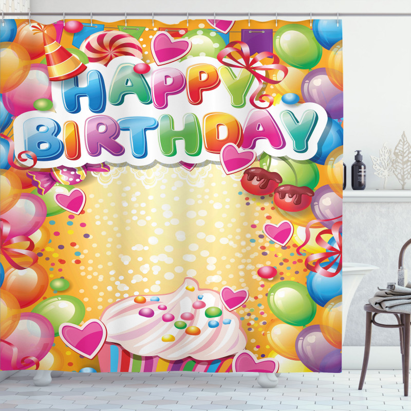 Vivid Balloons Cupcake Shower Curtain
