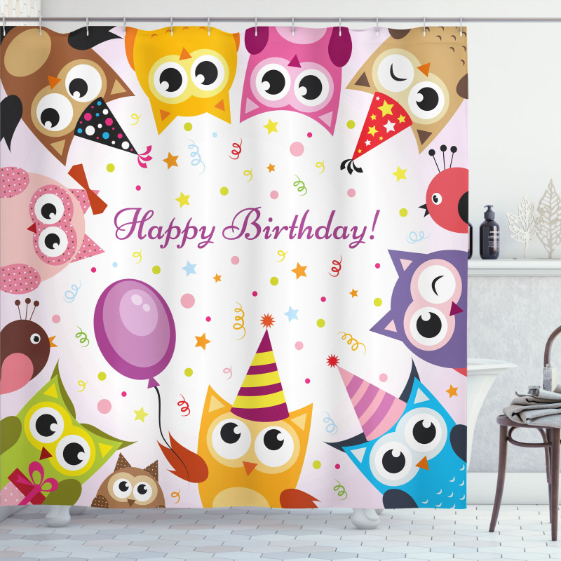 Birthday Party Owls Shower Curtain