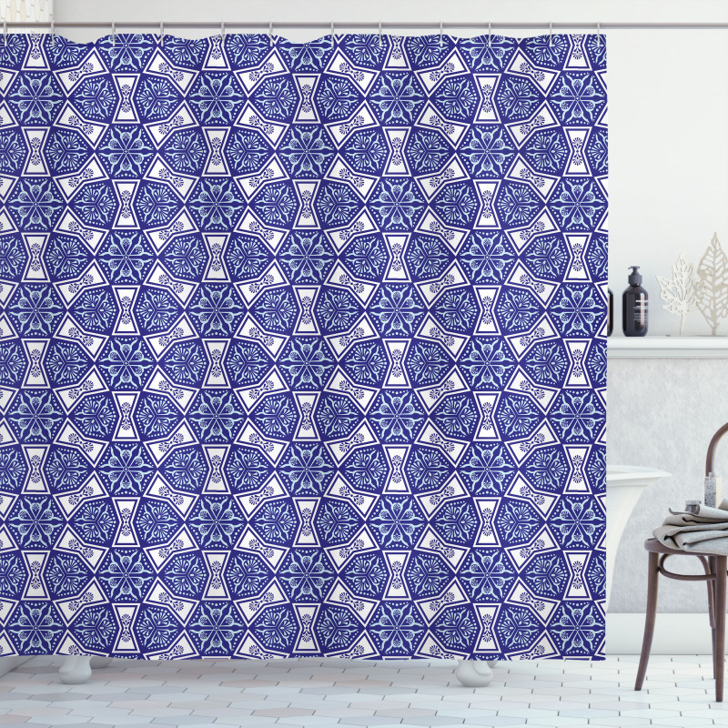 Indigo Floral Geometric Shower Curtain