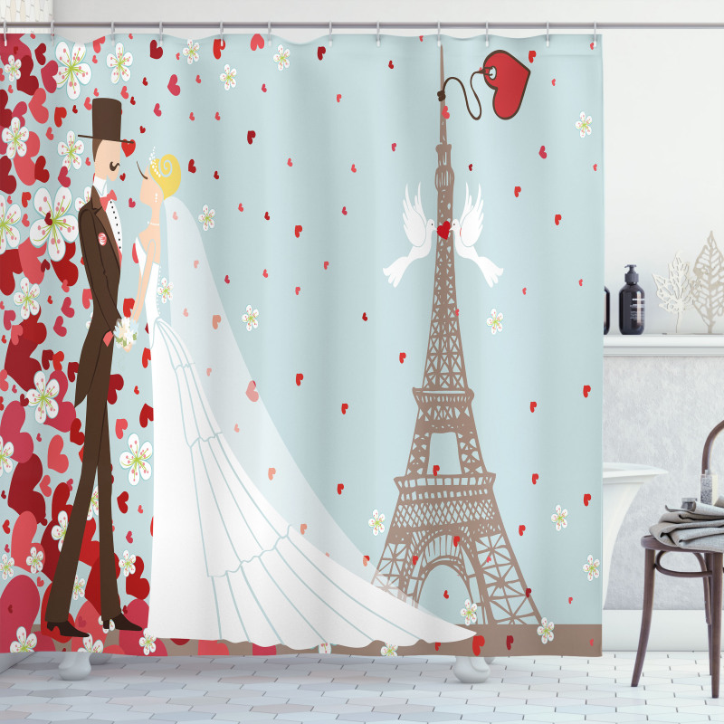 French Couple and Hearts Shower Curtain