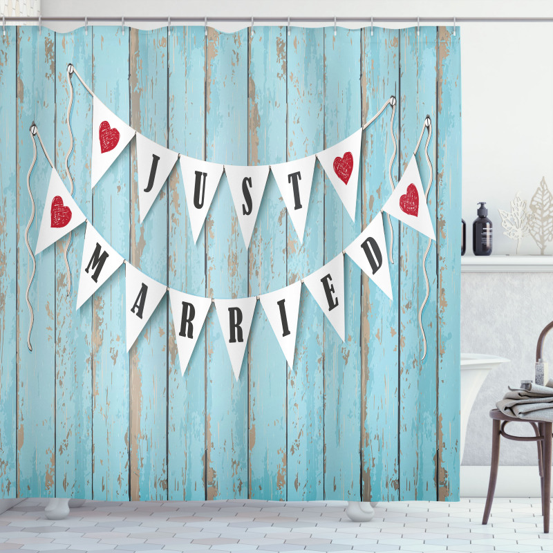 Just Married on Wood Door Shower Curtain
