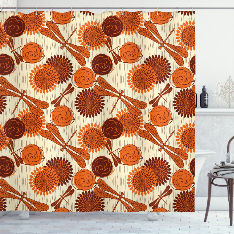 Orange Flowers Dragonfly Shower Curtain