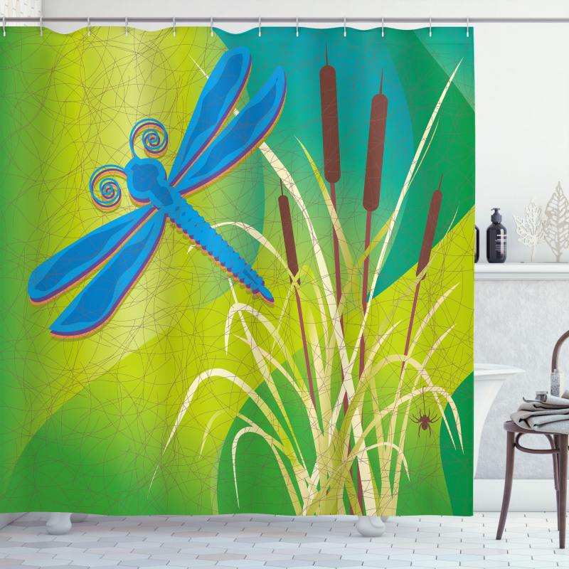 Blue Dragonfly on Green Shower Curtain