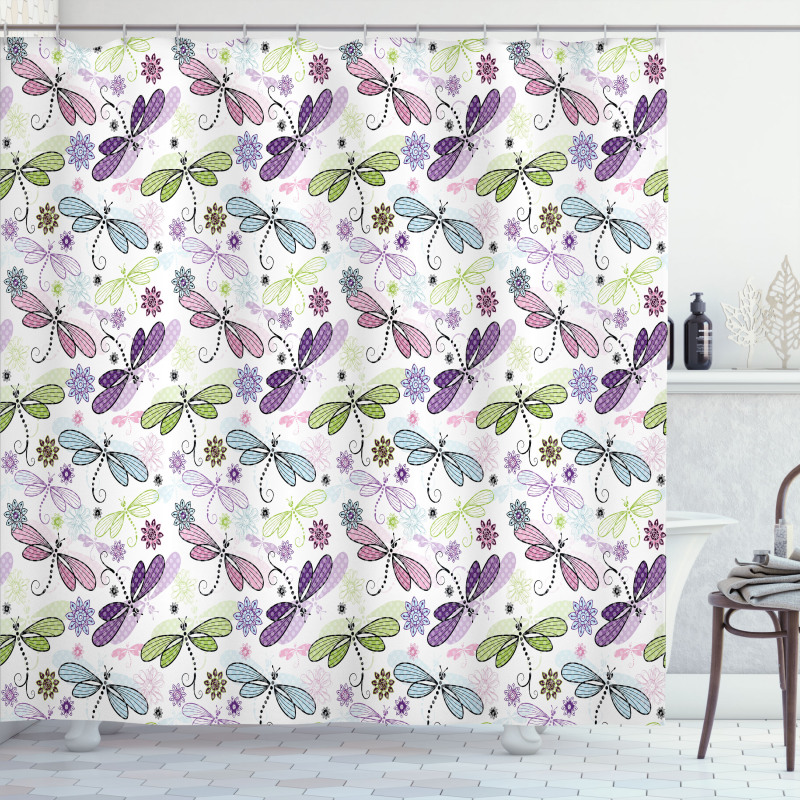 Dragonflies Flowers Shower Curtain