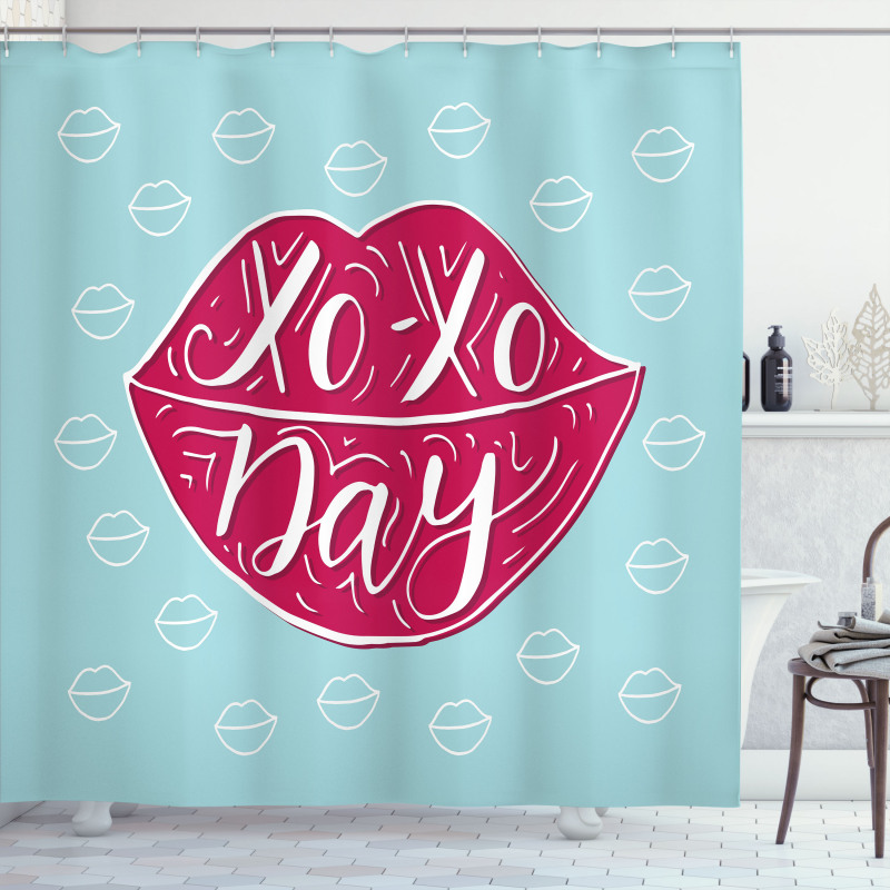 Woman Lips and Phrase Kisses Shower Curtain