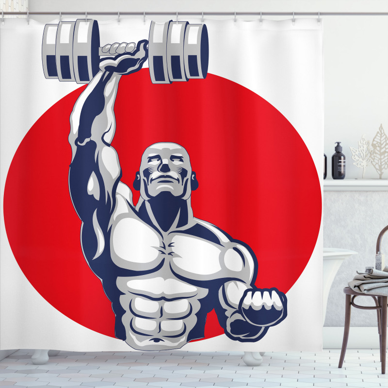 Muscular Man Lifting Shower Curtain