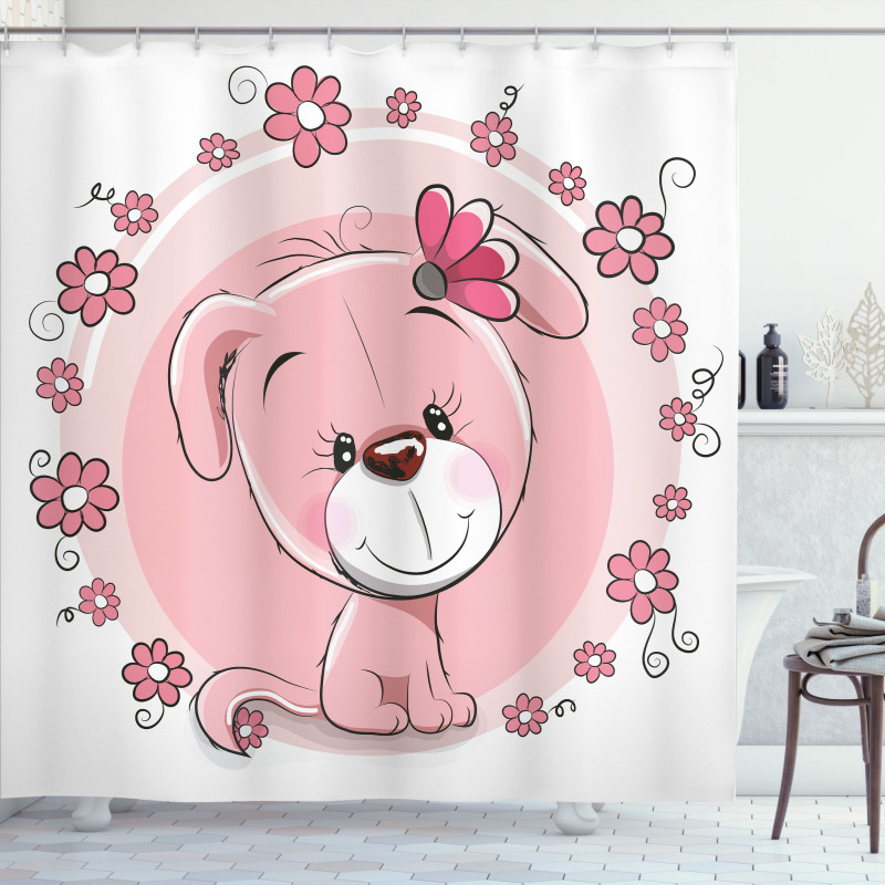 Puppy Daisy Flowers Shower Curtain