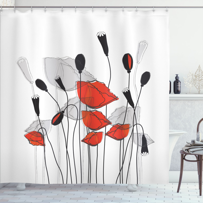Hand Drawn Poppy Flowers Shower Curtain
