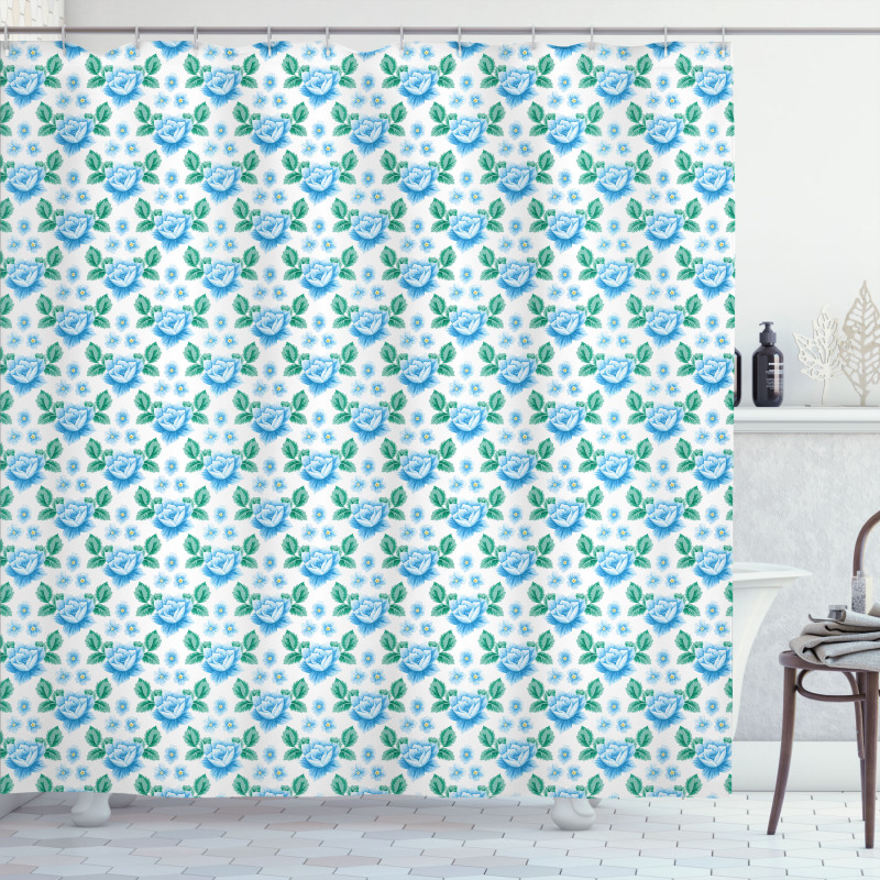 Vintage Blue Blooms Botany Shower Curtain