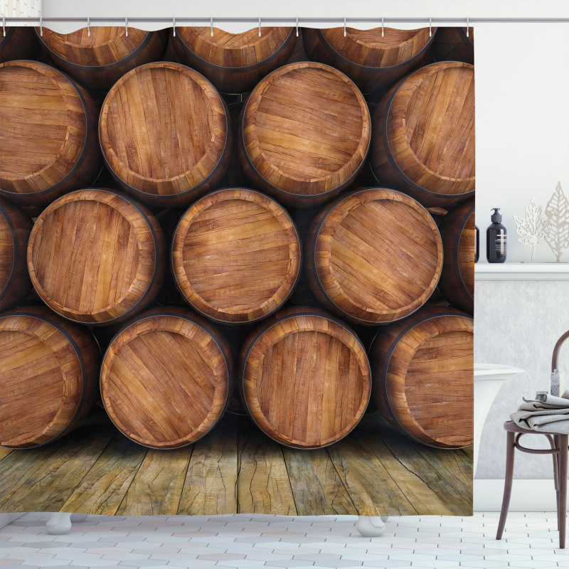 Wall of Wooden Barrels Shower Curtain