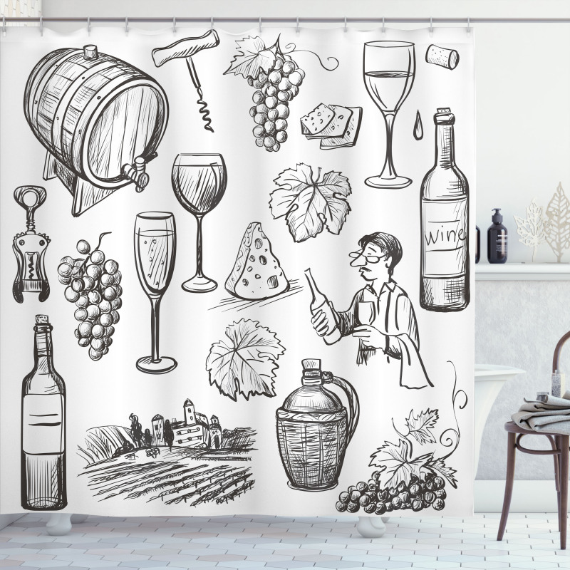 Gourmet Wine Set Sketchy Shower Curtain