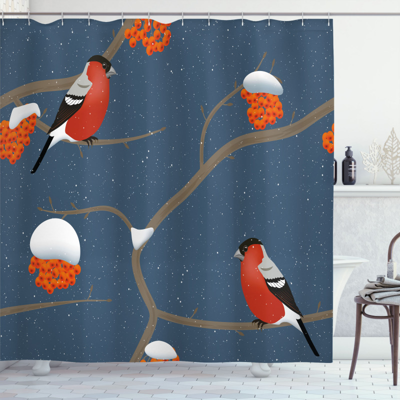 Snowy Tree Branches Birds Shower Curtain
