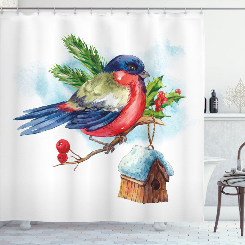 Christmas Bird Holly Pine Shower Curtain