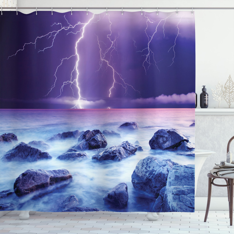 Stormy Sky Ocean Rocks Night Shower Curtain