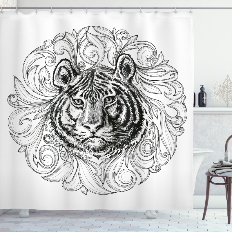 Monochrome Feline Leaves Shower Curtain