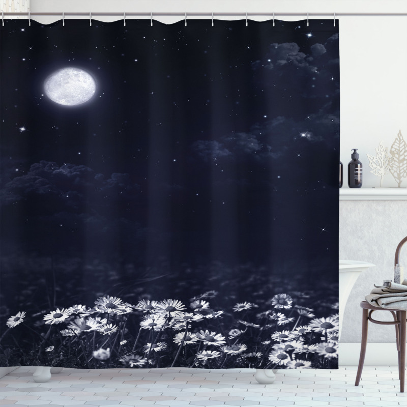 Dark Night White Daisies Shower Curtain