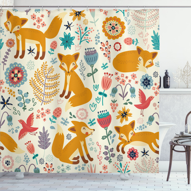 Foxes Ornate Flowers Birds Shower Curtain