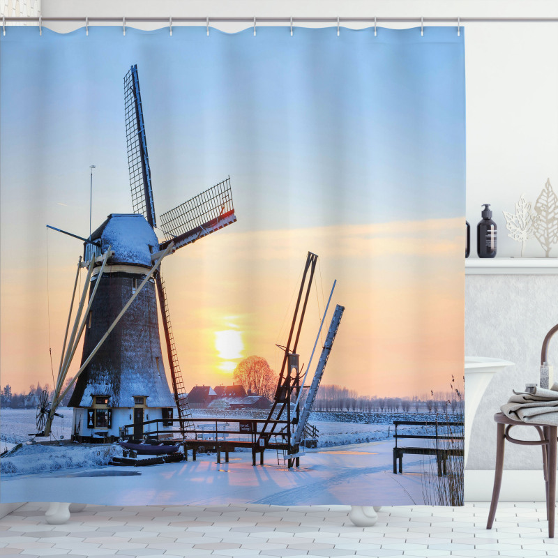 Icy Dutch River Sunset Shower Curtain
