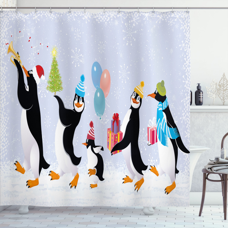 Penguins in Caps Shower Curtain