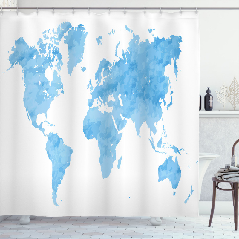Blue Watercolor World Map Shower Curtain
