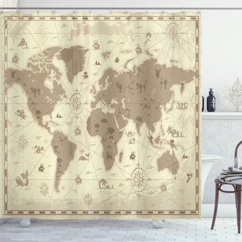 Aged World Monsters Compass Shower Curtain