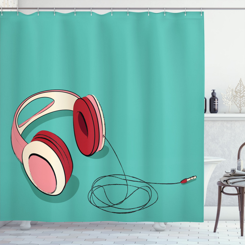 Cool Pink Retro Earphones Shower Curtain