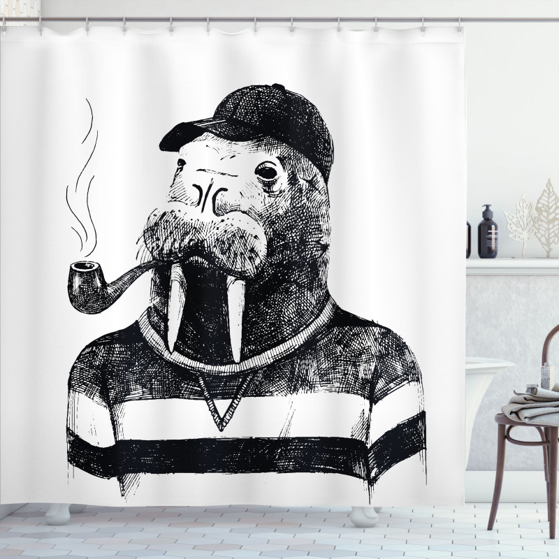 Walrus with Pipe Sketch Shower Curtain