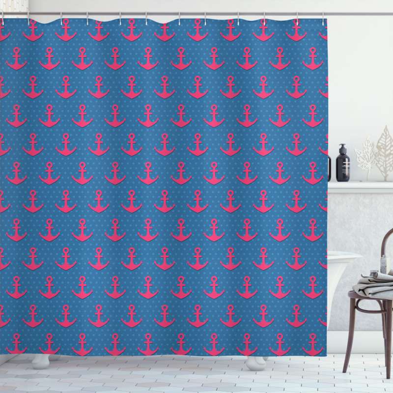 Pink on Blue Dots Shower Curtain