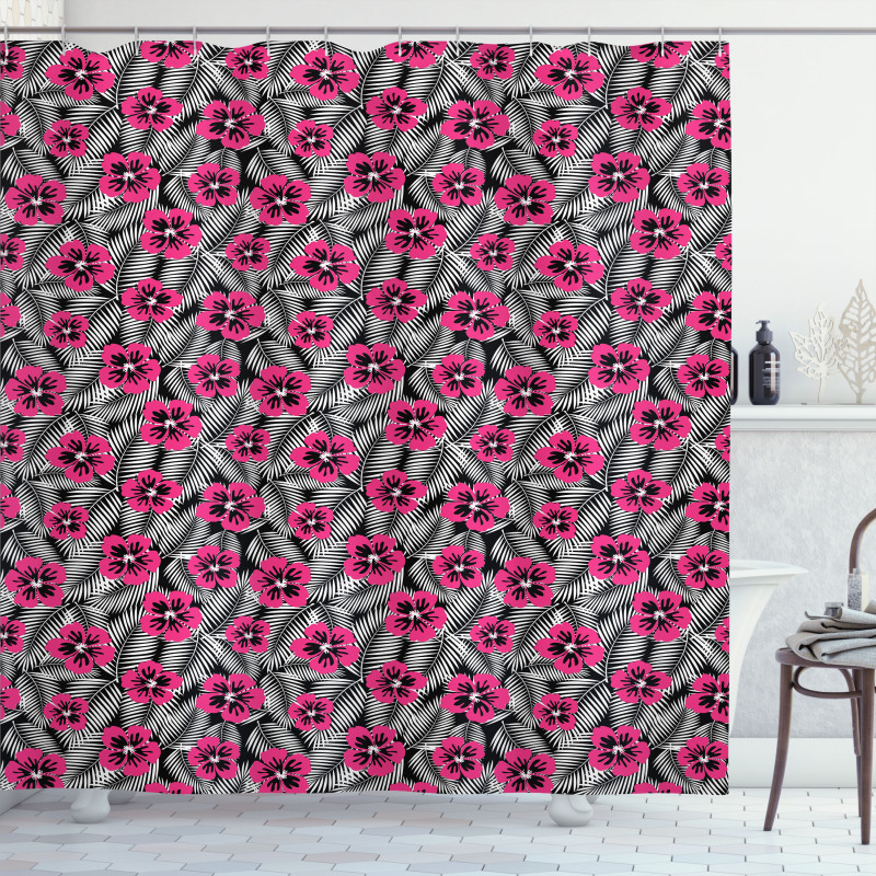 Pink Hibiscus Modern Leaf Shower Curtain