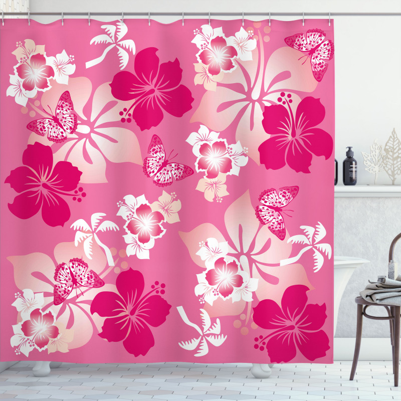 Pink Hibiscus Butterflies Shower Curtain