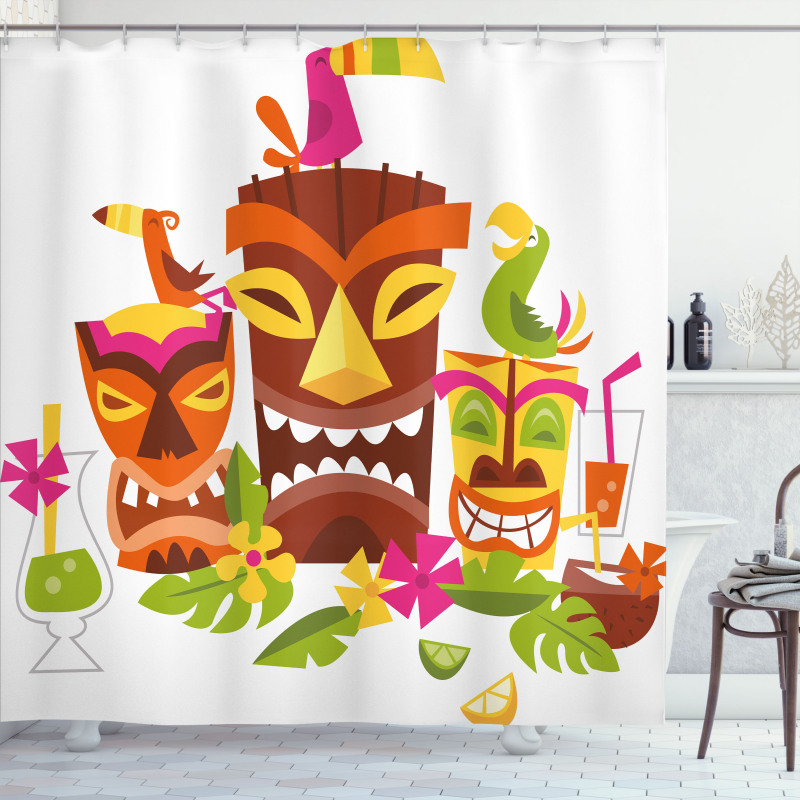 Tiki Masks Drinks Birds Shower Curtain