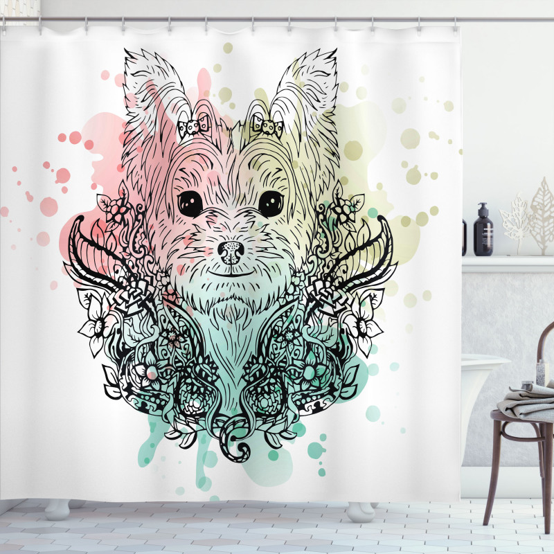 Dog Sketch Flowers Shower Curtain