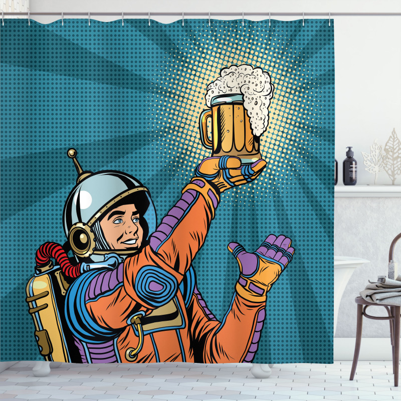 Astronaut Holds Beer Shower Curtain