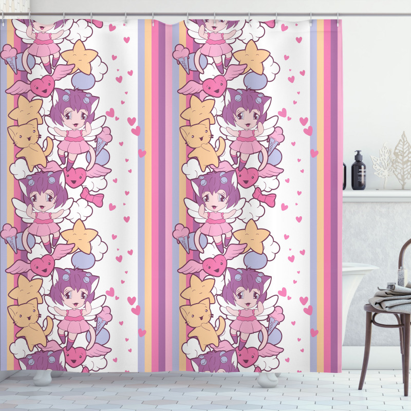 Angel Illustration Cat Shower Curtain