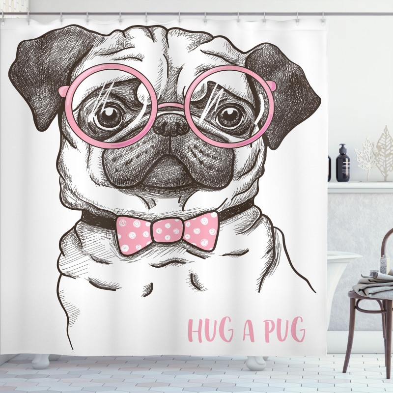 Pug with Bow Glasses Shower Curtain